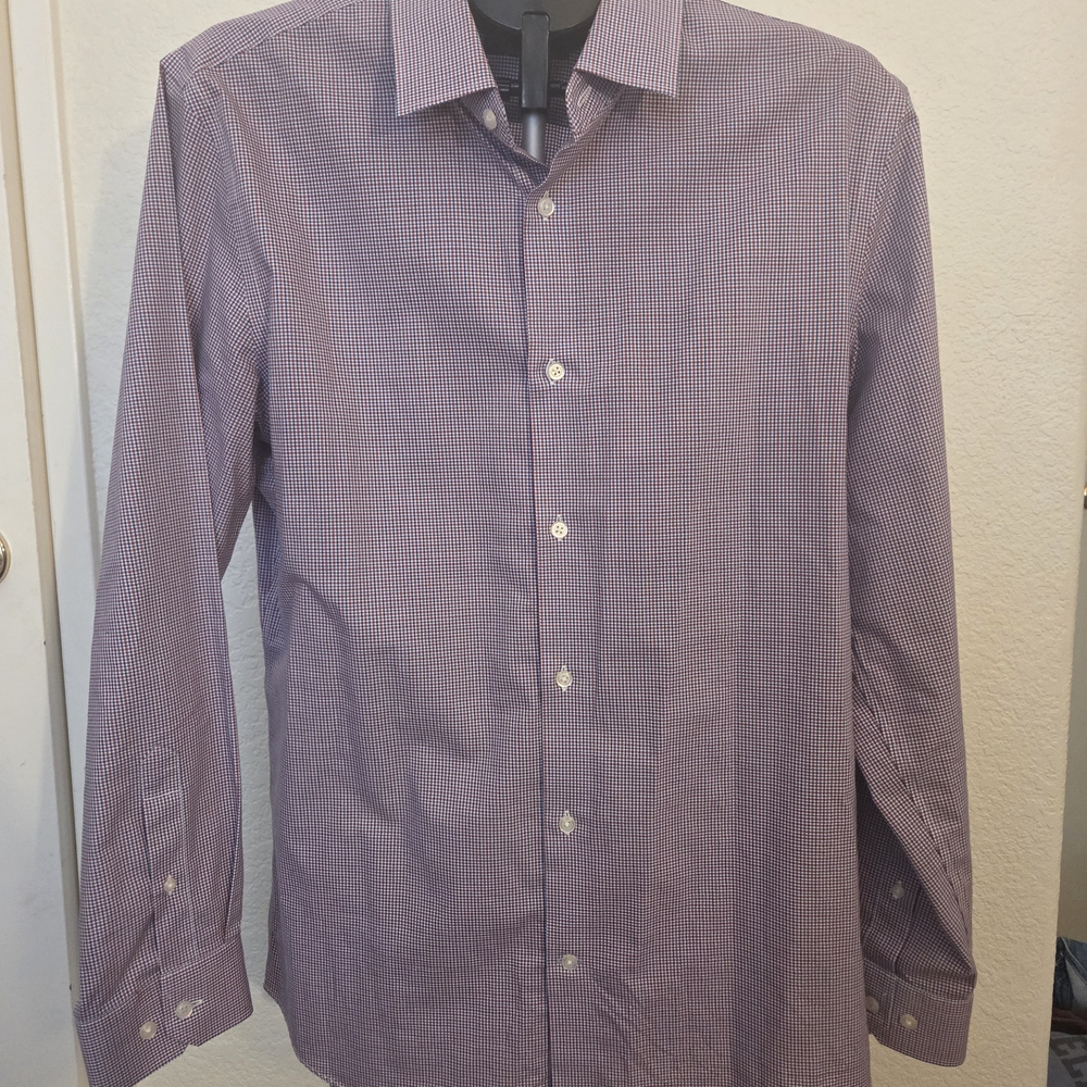 Banana Republic Large Slim Fit Non-Iron Cotton Dress Shirt Red Blue Check